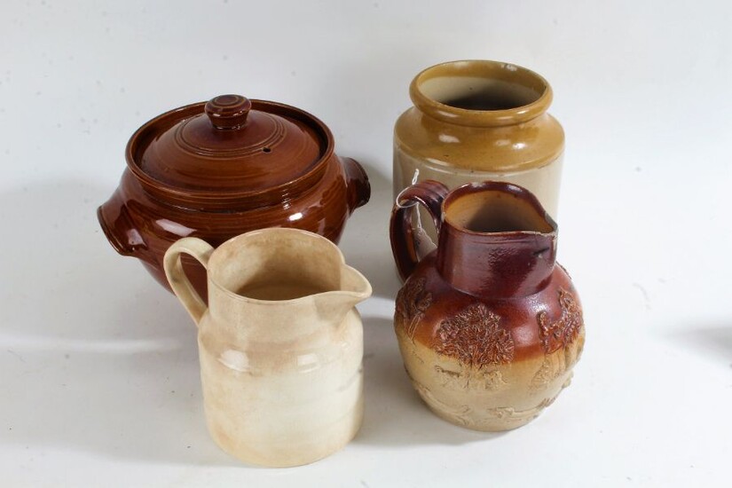19th Century stoneware pot with sympathetic restoration, a flagon and two further pots (4)