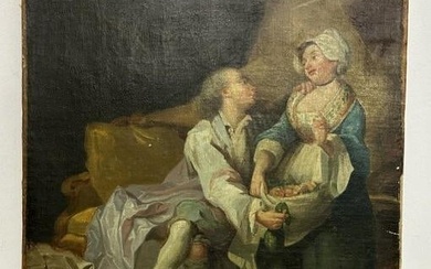 19th c o/c man & woman seated, she's holding basket, unsigned, ( unframed ), appears to have been