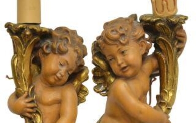 (2) ITALIAN PARCEL GILT WINGED PUTTO WALL SCONCES