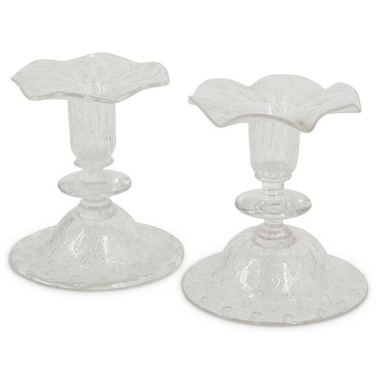 (2 Pc) A Pair of Steuben Silverina Clear Candlesticks