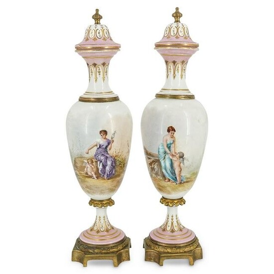 (2 Pc) French Sevres Fond Rose Pink Urns