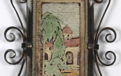 Arts and Crafts Claycraft scenic tile, depicting a California mission courtyard and framed in a silver and wrought iron moulding, 9