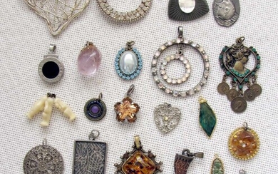 23 Vintage pendants - silver and gold tone set with different gemstones.