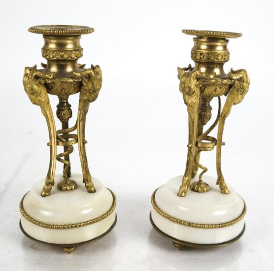 Pair French Bronze Dore Ram-Form Candlesticks