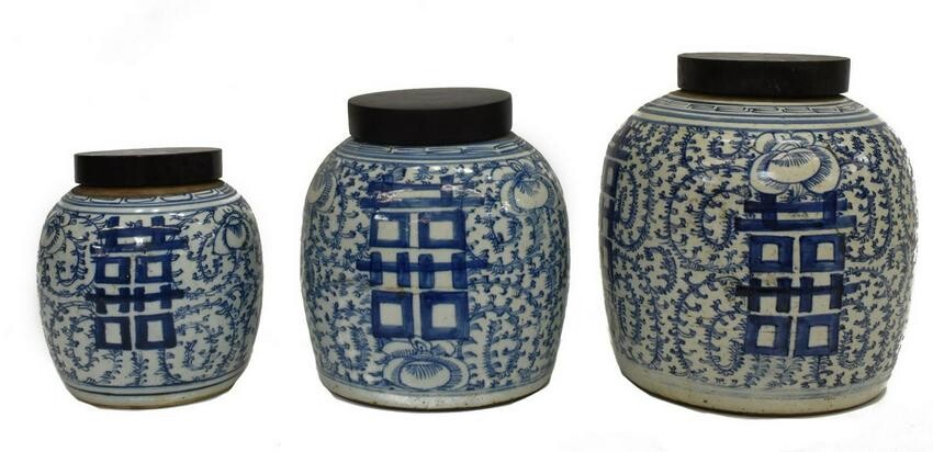 (3) CHINESE BLUE & WHITE DOUBLE HAPPINESS JARS