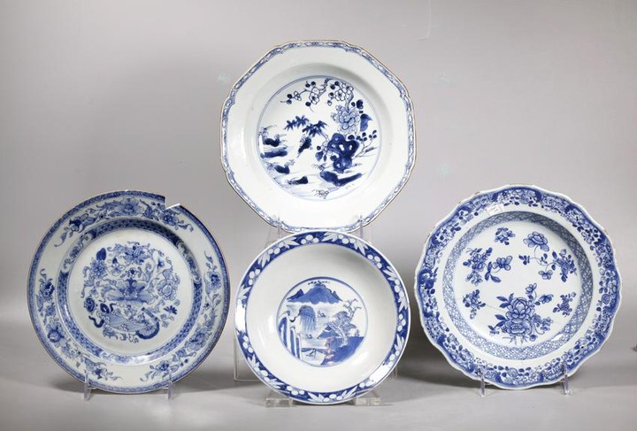 3 Chinese 18C Blue & White Porcelain Plates 1 Bowl