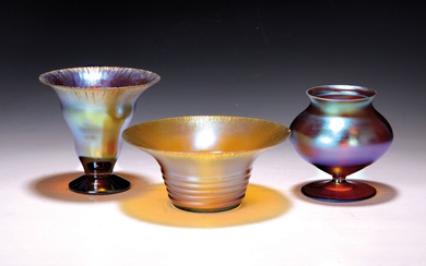 3 Myra vases, WMF, mid-20th century, colorlessor amber-colored glass, encased...