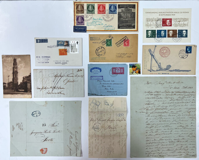 3 stamped envelopes, 5 letters (four pre-philatelic), 1 circled postcard and several stamps from Germany.