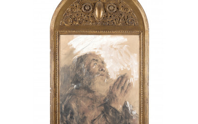 Antonio Mancini ( Roma 1852 - 1930 ) , "La preghiera" disegno a carboncino e biacca su carta applicata a tela (cm 66x51) Firmato due volte in basso a...