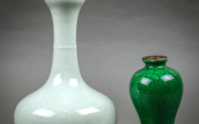 Chinese Celadon Porcelain Garlic Head, and Green Crackle Glaze Vases