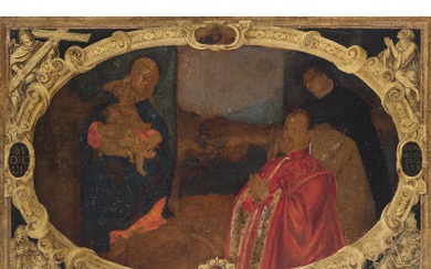 16th Century Venetian school Madonna and Child with Doge into fake frame oil on paper applied to panel 22x34 cm.