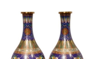 A PAIR OF CHINESE CLOISONNE BOTTLE VASES SIGNED LA…