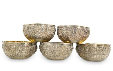 (5 Pc) Thai Gilt and Silver Repousse Bowls