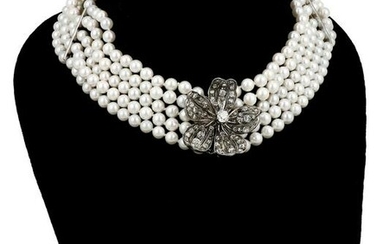 5 Strand Pearl Necklace with Diamond Flower Enhancer