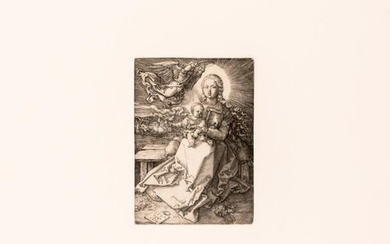 ALBRECHT DURER, Nuremberg, Germany, 1471-1528, "Virgin and Child Crowned by an Angel"., Engraving on laid paper with an indistinct w...