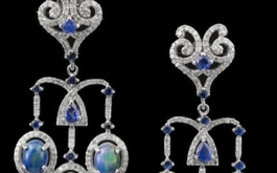 Pair of Opal, Sapphire and Diamond Earrings
