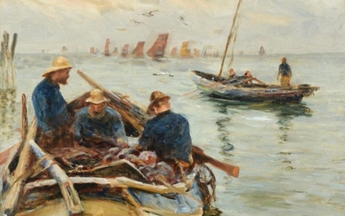 Robert Jobling (1841-1923) ''The Fishermen'' Signed, oil on canvas, 34cm...