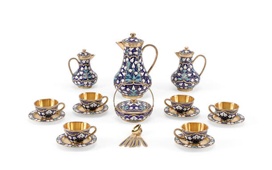 A Russian gilt sterling silver and enamel tea service for six