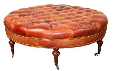 54" studded tufted leather ottoman/cocktail table on turned legs with...