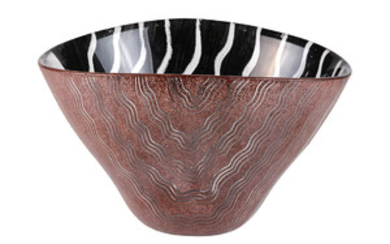Monica Backstrom for Kosta Boda "Tonga" bowl, having wave decoration in red and black on clear glass, artist initialed on side, 6