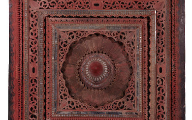 A large glass inlaid and lacquered wood ceiling panel