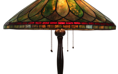 Handel patinated bronze and leaded glass lamp