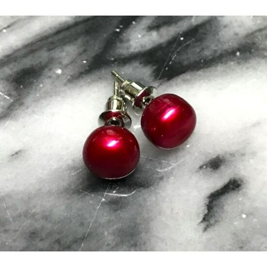 7mm Cranberry Red Pearl Stud Earrings