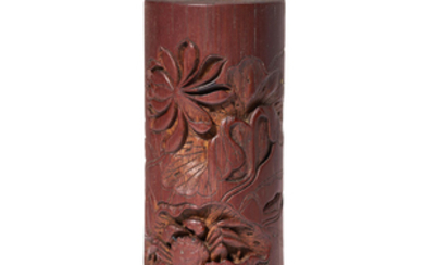 A SMALL CARVED ‘LOTUS POND’ BAMBOO BRUSHPOT, QING DYNASTY, 18TH CENTURY