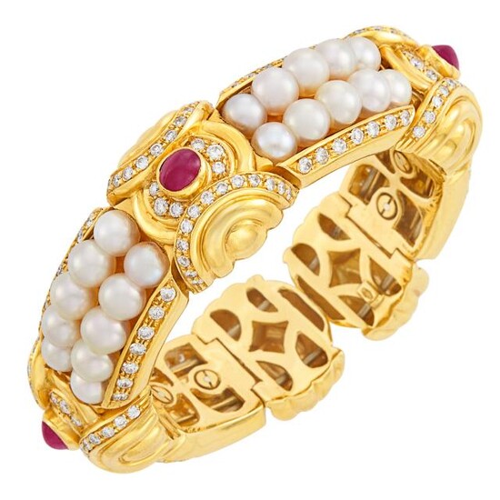 Gold, Cultured Pearl, Cabochon Ruby and Diamond Bangle Bracelet