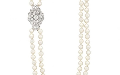 Long Double Strand Cultured Pearl Necklace with Platinum and Diamond Clasp, France