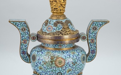 CHINESE CLOISONNÉ ENAMEL KORO In tripod ovoid form, with upswept handles, domed cover and gilt-bronze dragon finial. Body decorated...