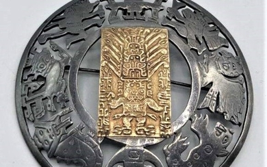 .925 Sterling with 18 K Gold Center Aztec-Mayan Brooch