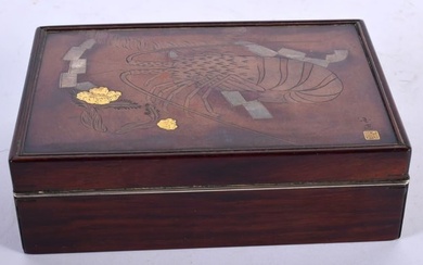 A 19TH CENTURY JAPANESE MEIJI PERIOD SILVER AND HARDWOOD RECTANGULAR BOX AND COVER in the manner of