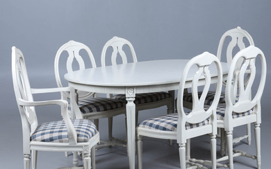 A 7-piece Gustavian style dining room furniture, second half of the 20th century.