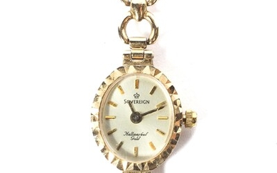 A 9ct gold ladies wristwatch by Sovereign, case and strap marked 9ct