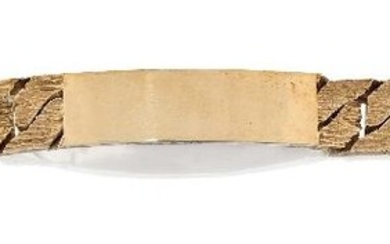 A 9ct gold name bracelet, with textured flat curb links to a blank rectangular name panel, London hallmarks, 1979, approx. length 21cm, gross weight approx. 69.4g