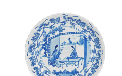 A BLUE AND WHITE MOULDED BARBED-RIM DISH Chenghua six-character mark,...