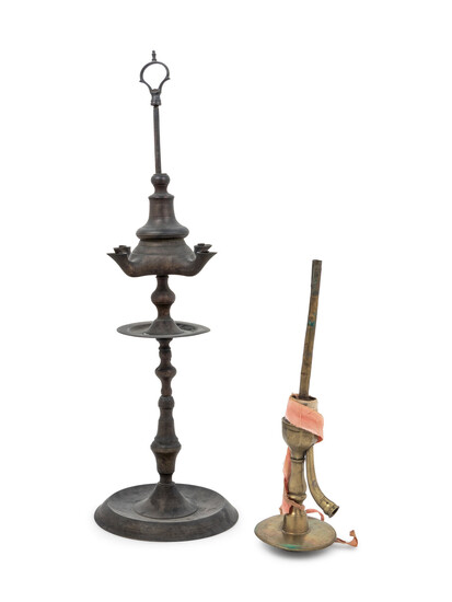 A Brass Lamp and a Brass Pipe Base with a Turkish Carved Pine Pipe