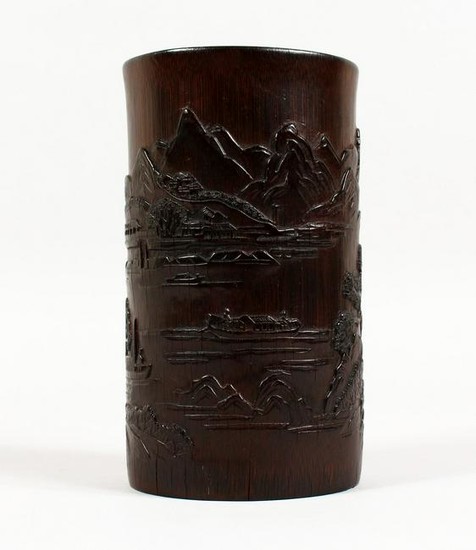 A CHINESE BAMBOO BRUSH POT, carved with a continuous
