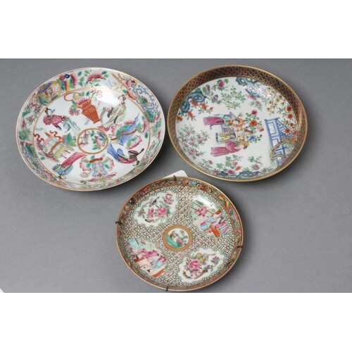 A CHINESE PORCELAIN FAMILLE ROSE SAUCER painted with three f...