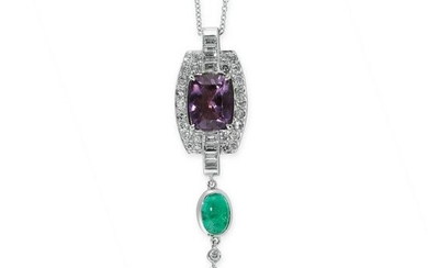 A COLOMBIAN EMERALD, AMETHYST AND DIAMOND PENDANT AND