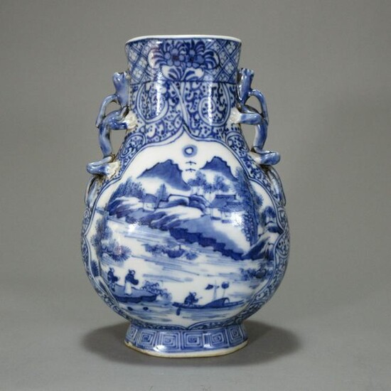 A Chinese Blue and White Landscape Porcelain Oblate