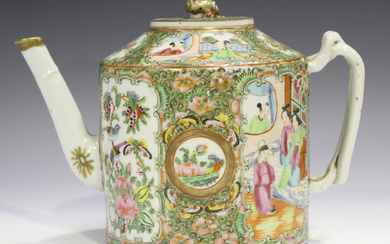 A Chinese Canton famille rose porcelain cylindrical teapot and cover, mid-19th century, painted with