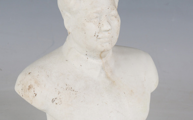 A Chinese bisque porcelain bust of Chairman Mao, moulded with cursive script to the front frieze, he