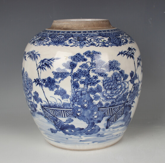A Chinese blue and white soft paste porcelain ginger jar, 18th century, the ovoid body painted with