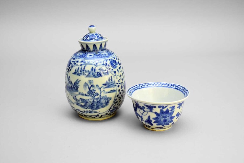 A Chinese blue and white vase and cover and a small bowl