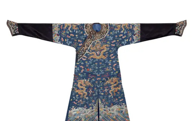 A Chinese blue silk embroidered 'nine dragons' robe Qing dynasty, Qianlong/Jiaqing period...
