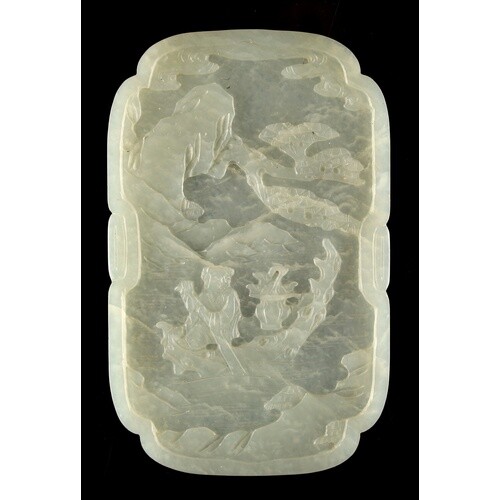 A Chinese carved white jade rounded rectangular plaque or pa...