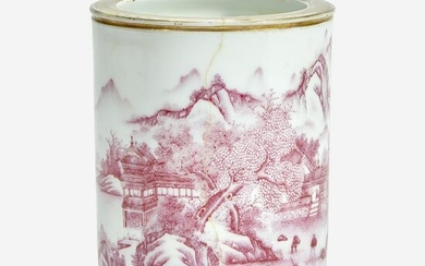 A Chinese puce-enameled porcelain cylindrical brush pot