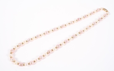 A Continental 9ct gold pearl necklace, the pearls interspersed between 9ct gold rings
